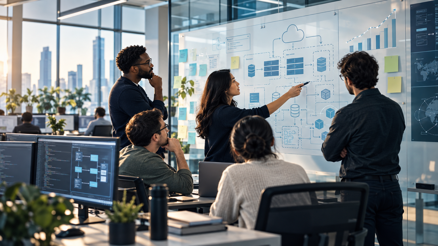 Engineering team collaborating around an evolving technology architecture in a growing organization.