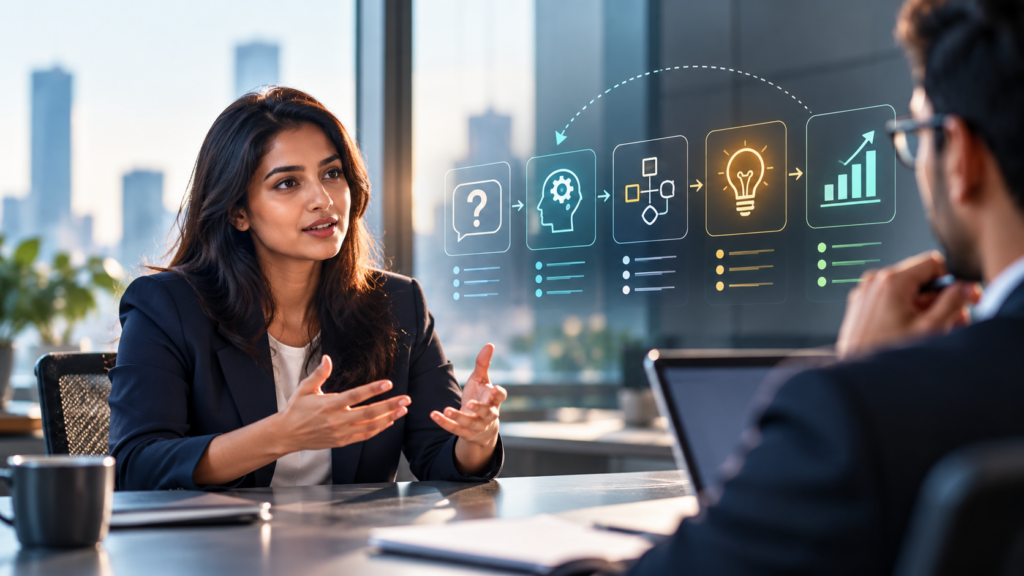 Two professionals in an interview discussion with a subtle visual framework representing questions, alternatives and decision-making.