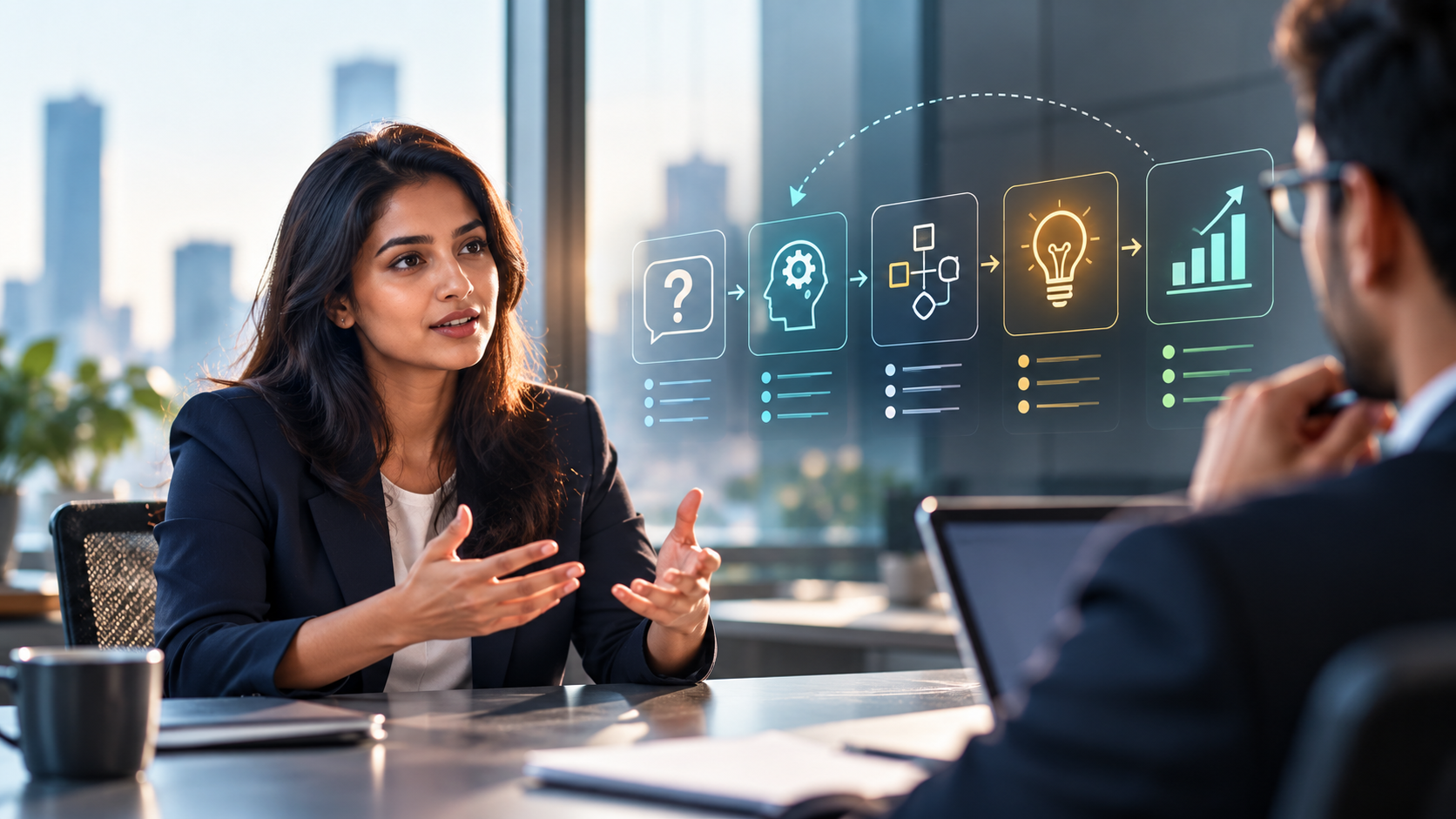 Two professionals in an interview discussion with a subtle visual framework representing questions, alternatives and decision-making.