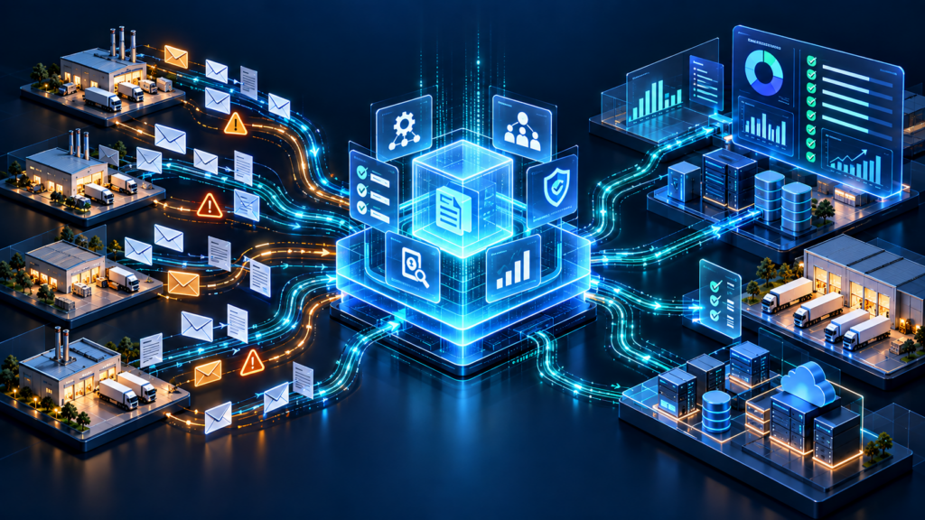 B2B ordering environment showing email-based vendor transactions converging into a governed digital portal with automated workflows, scorecards and compliance dashboards.
