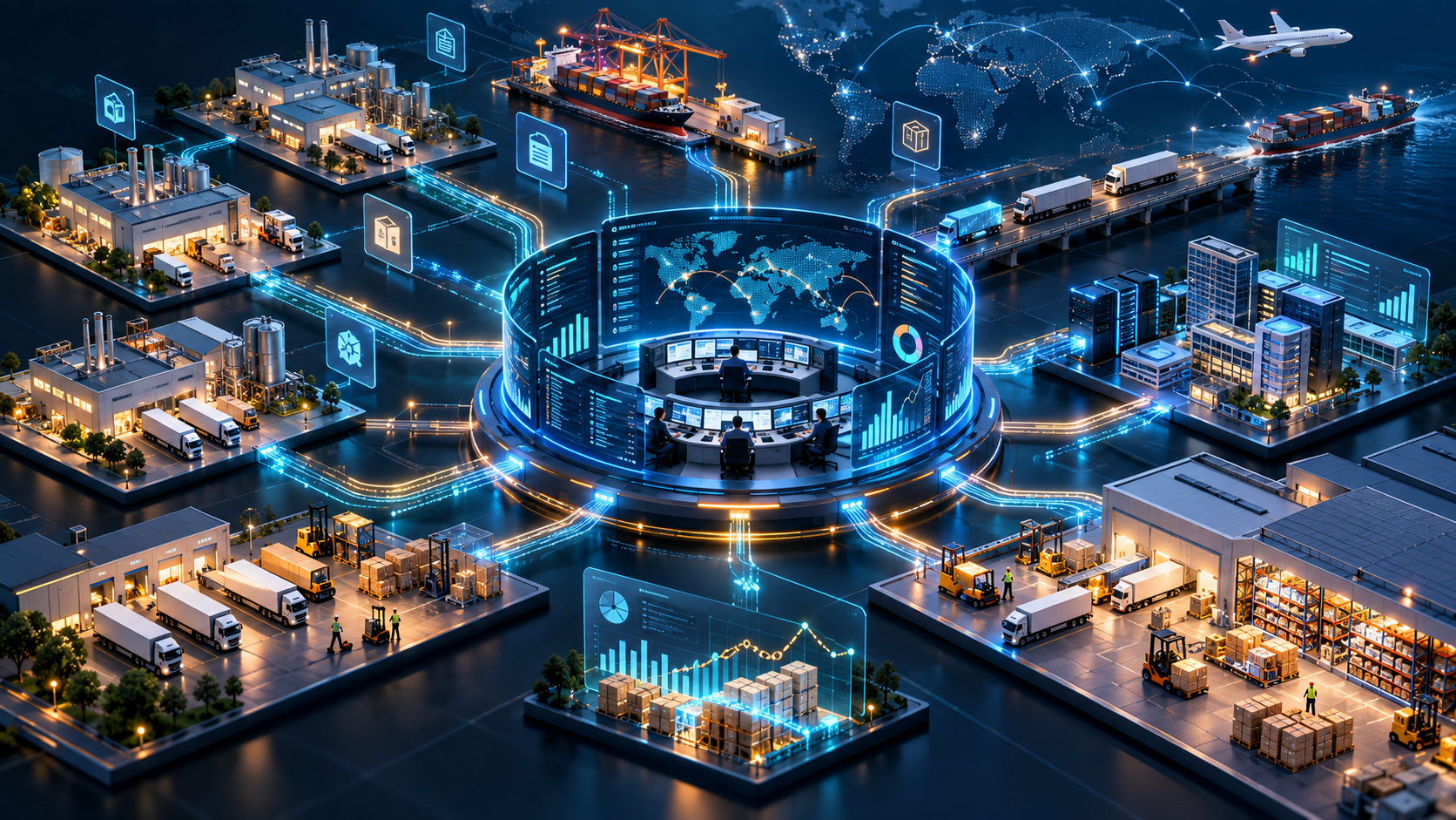 Supply chain control tower connecting suppliers, EDI and API integrations, ERP systems, warehouses, logistics networks and predictive inventory planning.