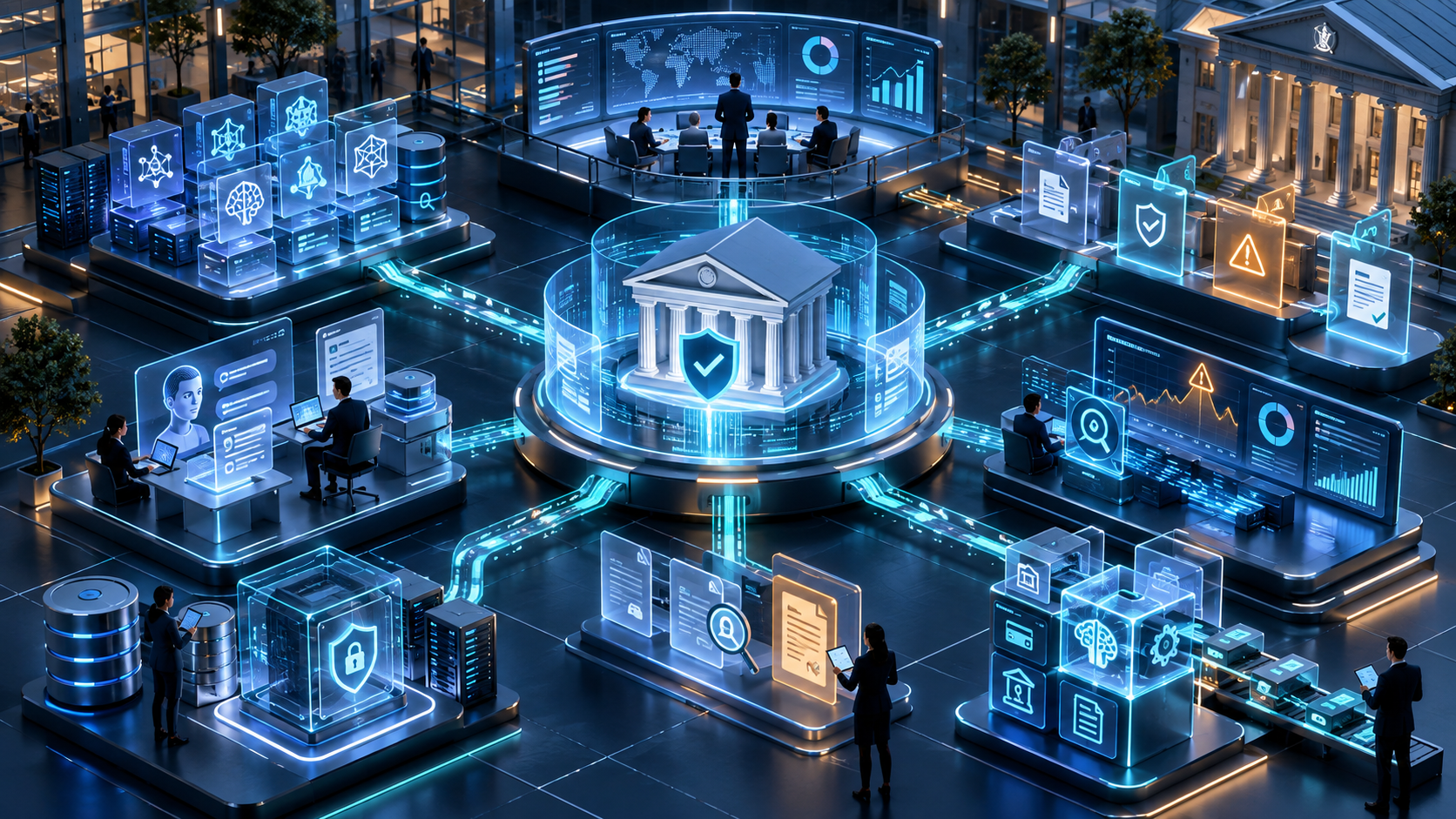 Banking AI governance environment connecting model registries, risk approvals, prompt controls, continuous monitoring and audit traceability.