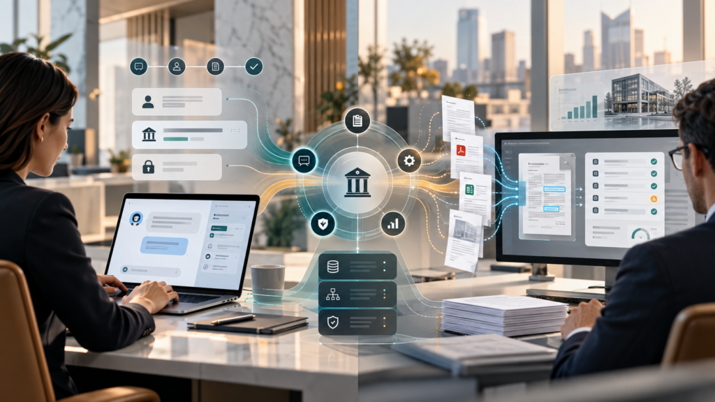 Banking workflow connecting conversational AI with governed account context and commercial-loan document extraction, validation and underwriting intake.