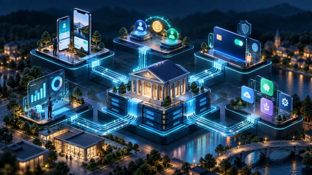 Credit union digital banking ecosystem connecting mobile banking, payments, card controls, analytics and partner services through API-first integration.