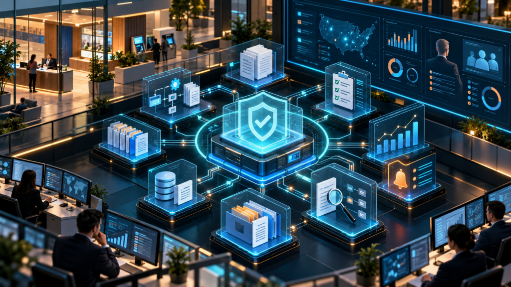 Credit union governance and compliance environment connecting automated workflows, policy controls, audit evidence, risk dashboards and regulatory reporting.
