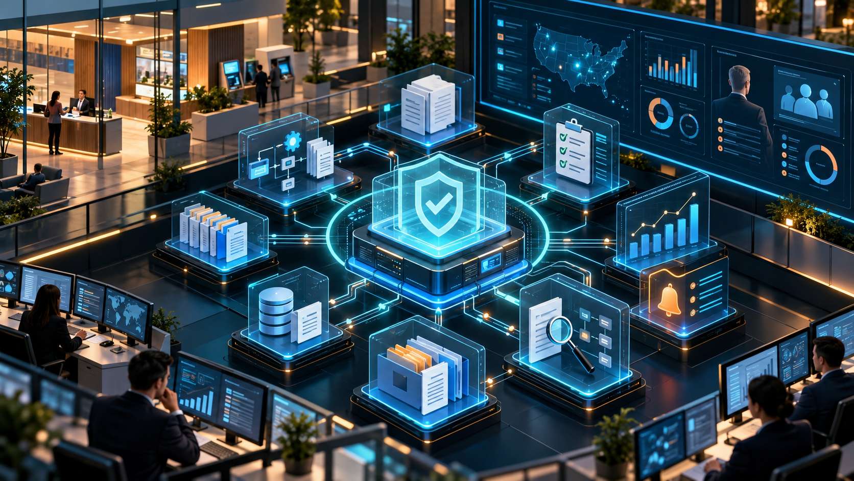 Credit union governance and compliance environment connecting automated workflows, policy controls, audit evidence, risk dashboards and regulatory reporting.