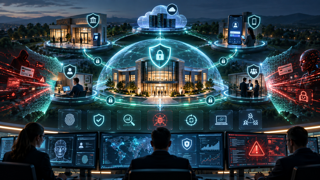 Credit union cybersecurity environment showing Zero Trust identity controls, protected endpoints, cloud monitoring, segmented access and continuous threat detection.