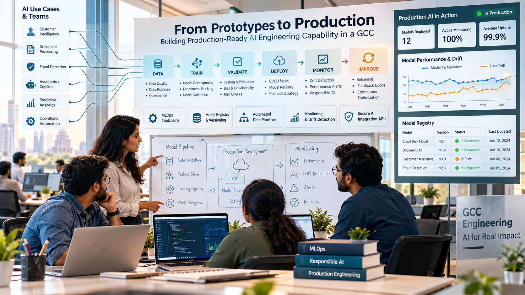 Engineering team in a Global Capability Center working across data pipelines, model deployment, MLOps monitoring and production AI integration.