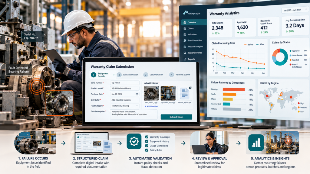 Industrial warranty operations showing equipment inspection, structured digital claims intake, automated validation and failure analytics for recurring product issues.