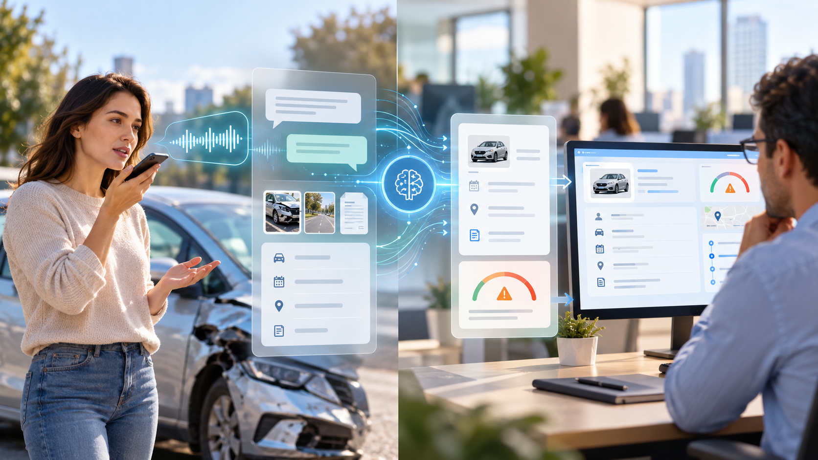 Insurance claims workflow showing a policyholder reporting an incident by voice, AI converting the conversation into structured FNOL data, fraud-risk assessment and adjuster review.