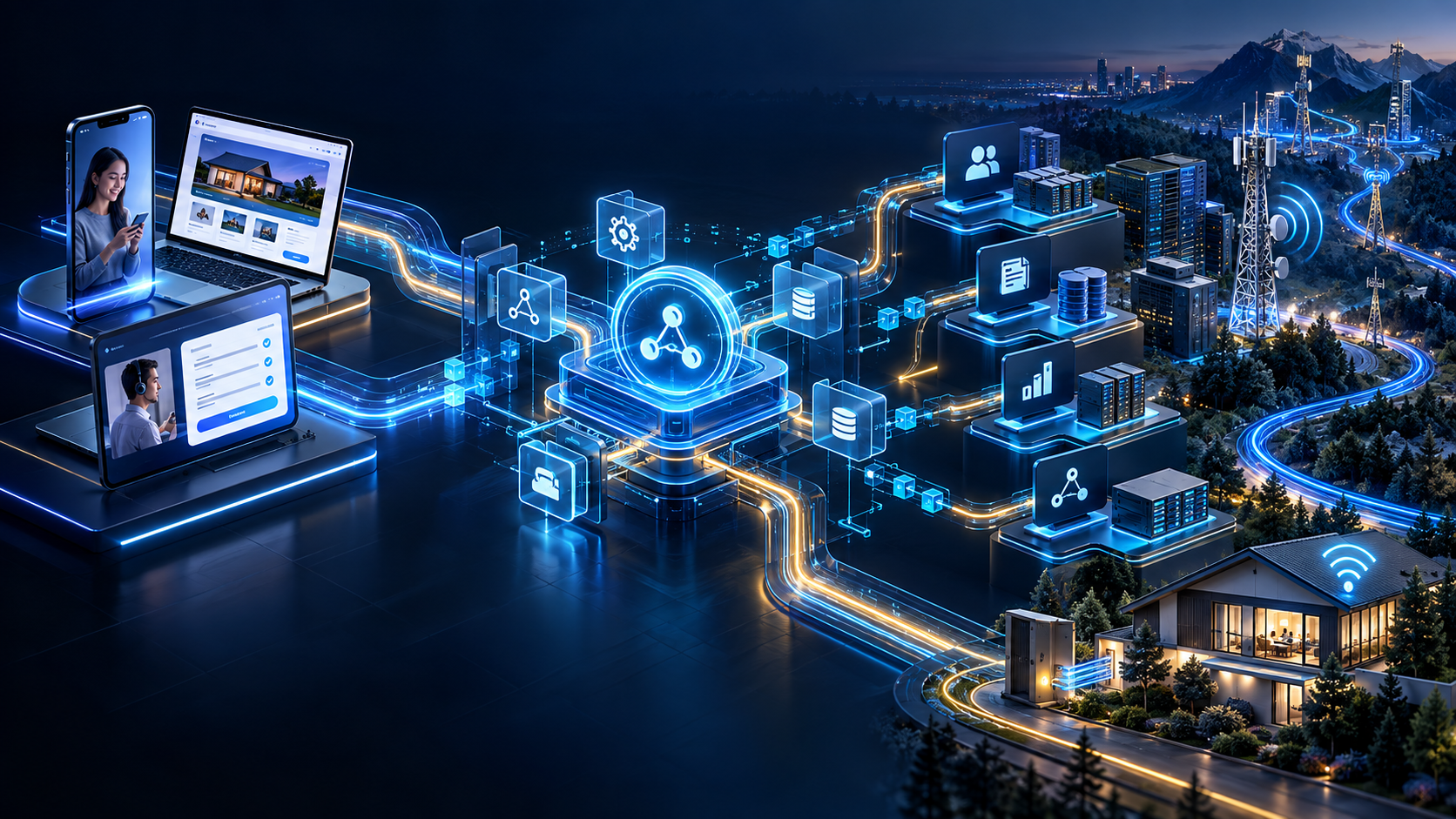 Telecom order-to-activate architecture connecting customer channels, enterprise systems and network provisioning through API-led integration.