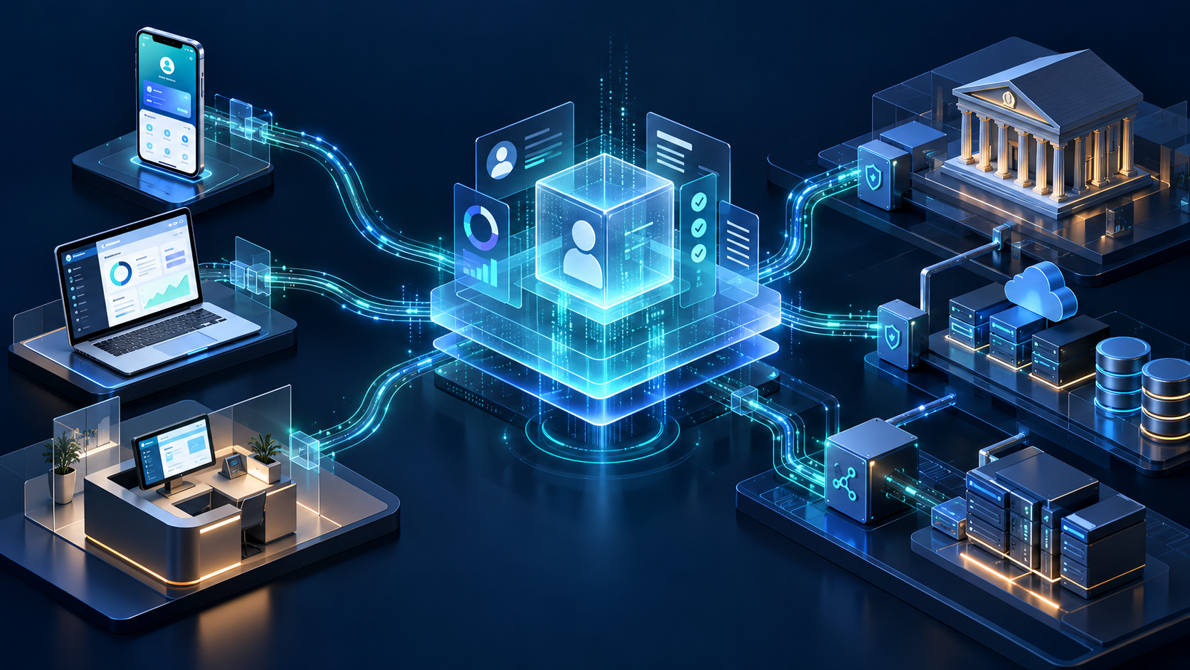 Architecture connecting mobile, online and branch banking channels through a shared real-time customer data and application-state layer.