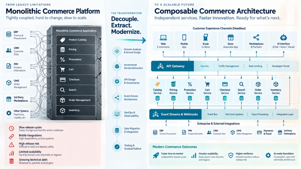 Retail commerce architecture showing the transition from a monolithic platform to headless experiences, independent microservices, API gateways and event-driven integrations.