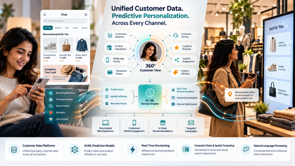Retail personalization environment connecting customer behavior, unified first-party data, predictive decisioning and personalized experiences across digital and physical channels.