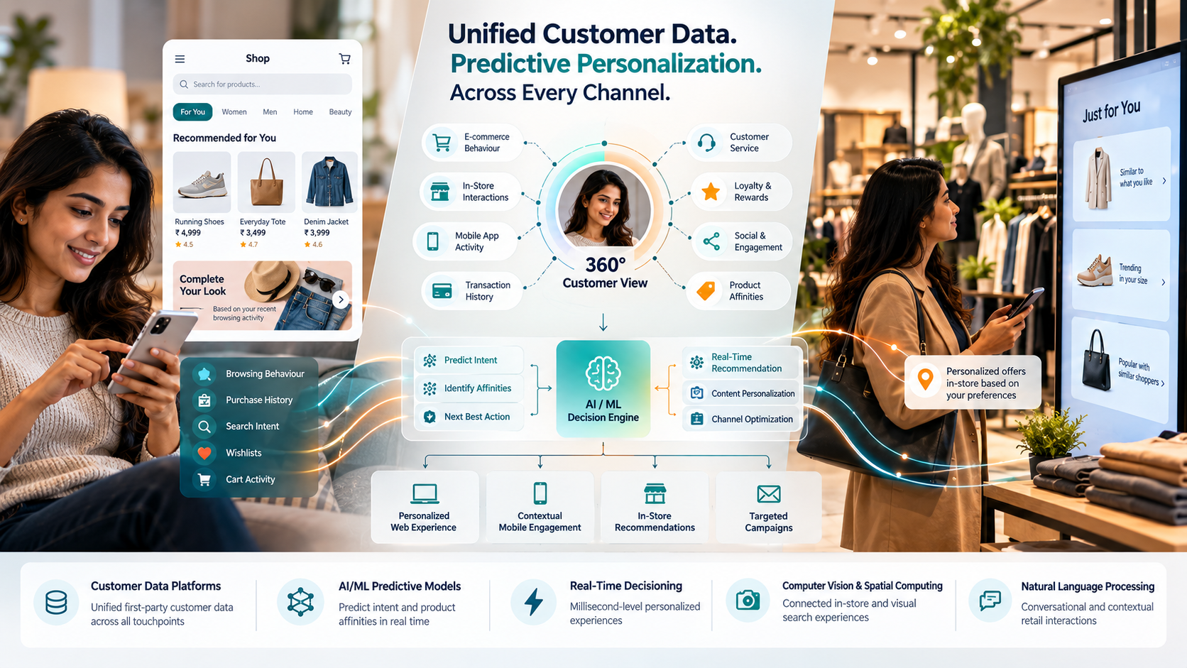 Retail personalization environment connecting customer behavior, unified first-party data, predictive decisioning and personalized experiences across digital and physical channels.