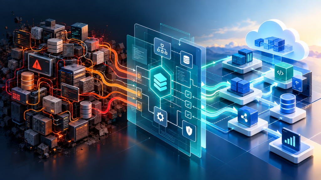 Architecture modernization infographic showing complex legacy dependencies evolving into a modular target system.