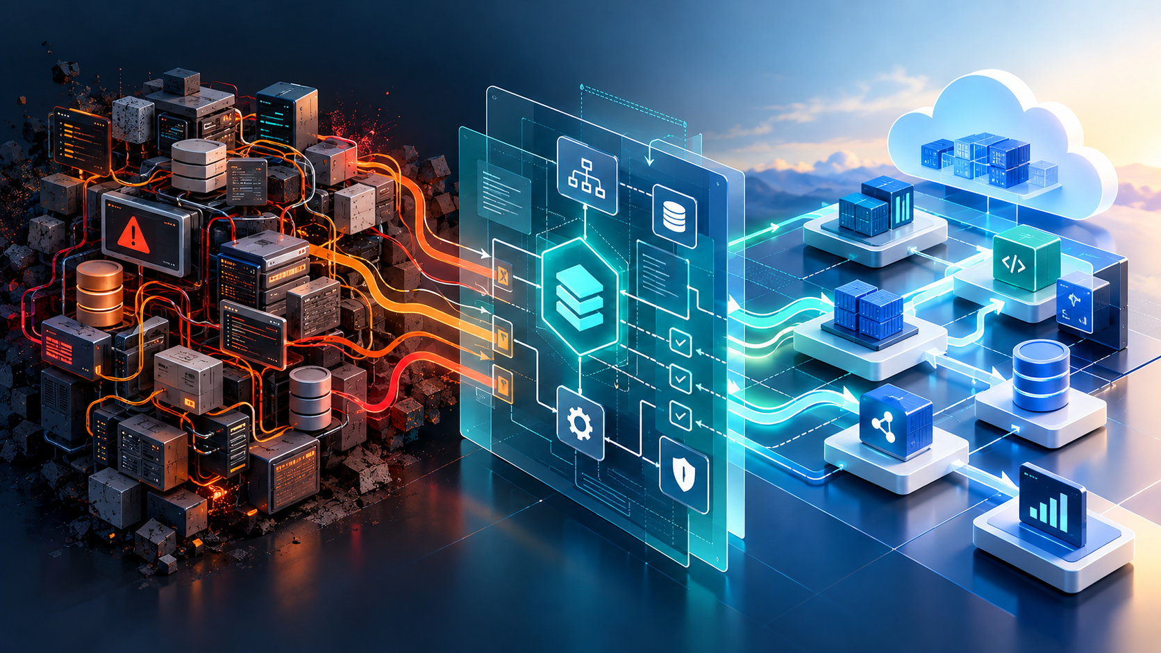 Architecture modernization infographic showing complex legacy dependencies evolving into a modular target system.