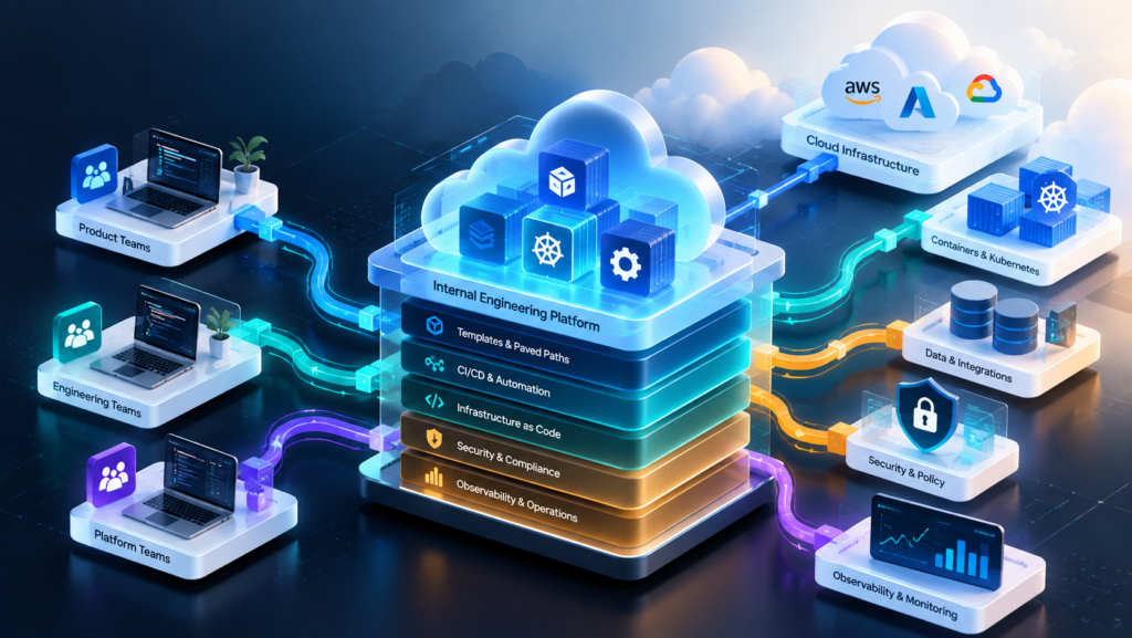 Platform engineering architecture connecting developer teams with shared cloud, security, data and observability capabilities.