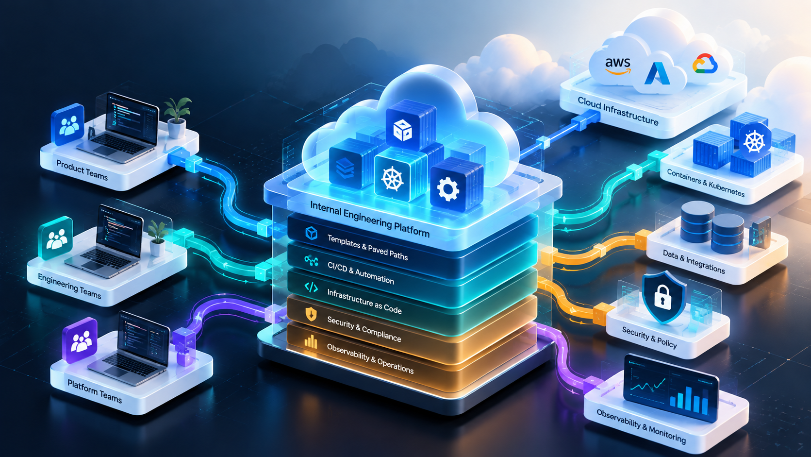Platform engineering architecture connecting developer teams with shared cloud, security, data and observability capabilities.