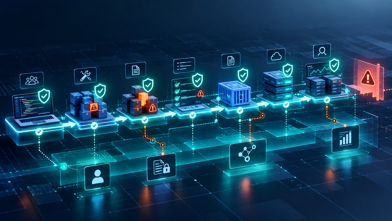 Secure software delivery infographic showing security controls integrated across code, build, testing, deployment and runtime.