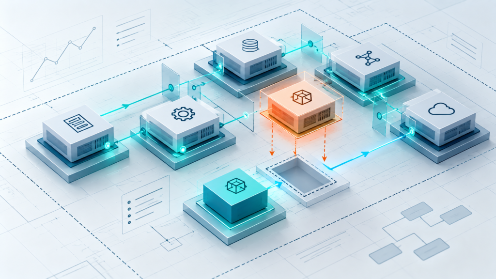 Modular software architecture showing a component being replaced while connected systems remain stable.