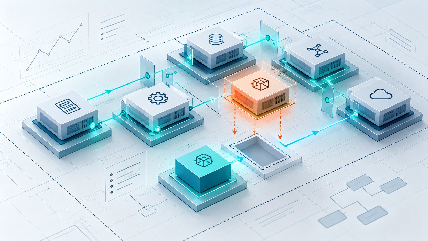 Modular software architecture showing a component being replaced while connected systems remain stable.